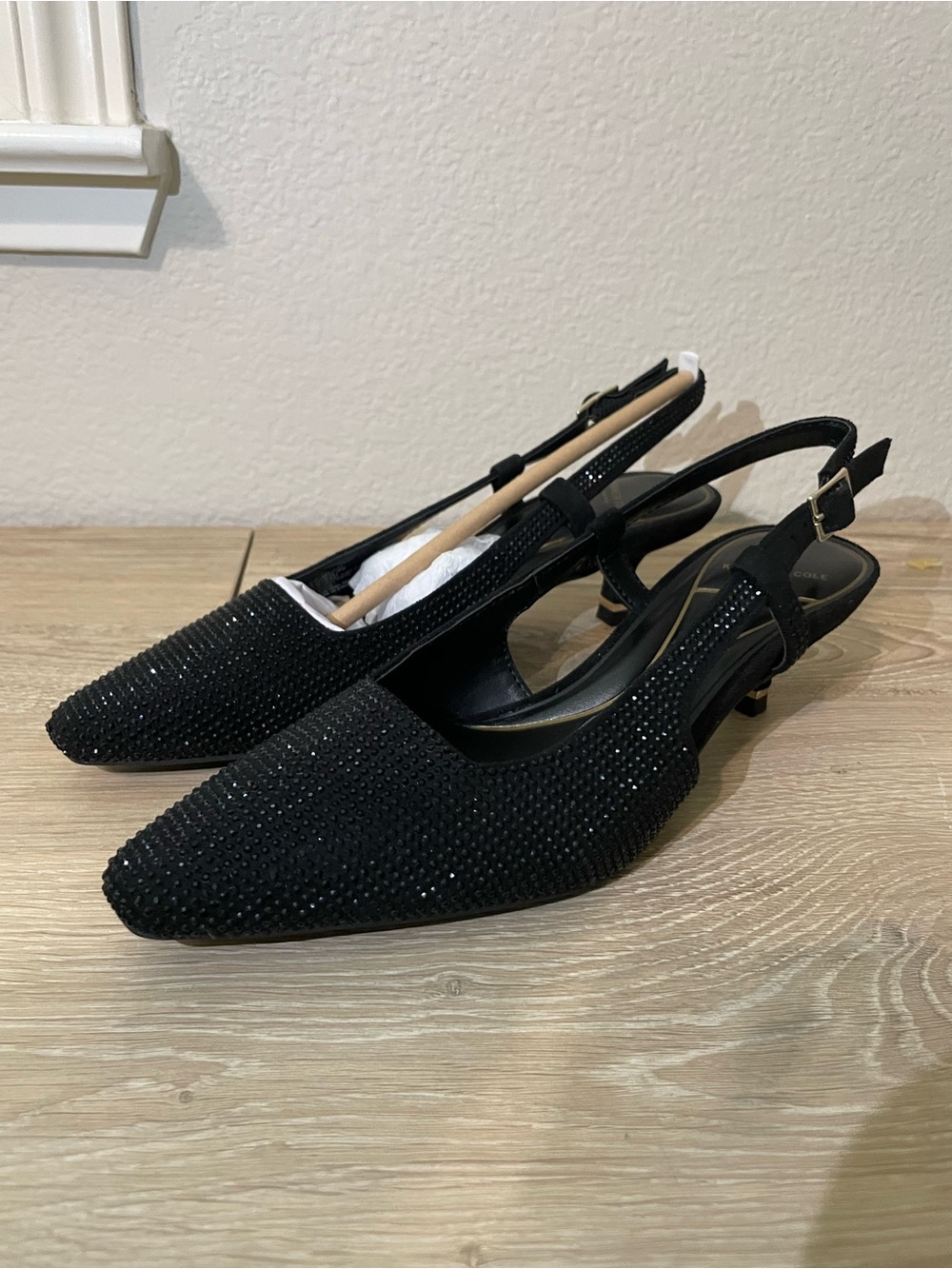 Kenneth Cole New York Martha Crystal Black Slingback Kitten Heel Pumps.